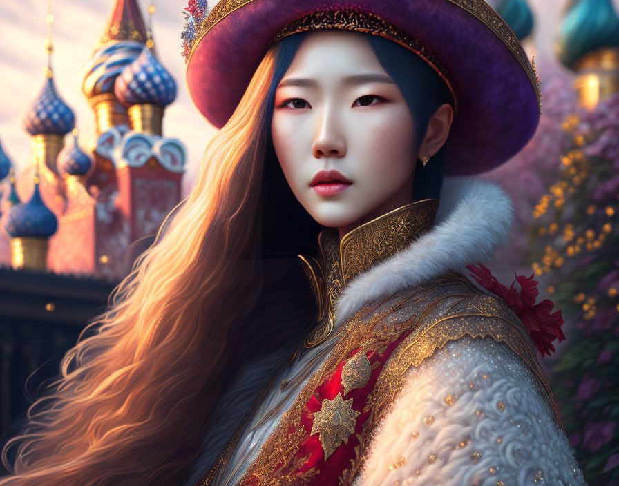 Royal woman in traditional attire with fur collar, golden embroidery, against colorful domed backdrop at twilight.