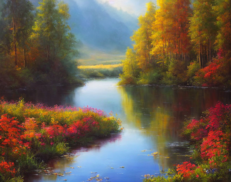 Tranquil river with vibrant wildflowers and autumn trees