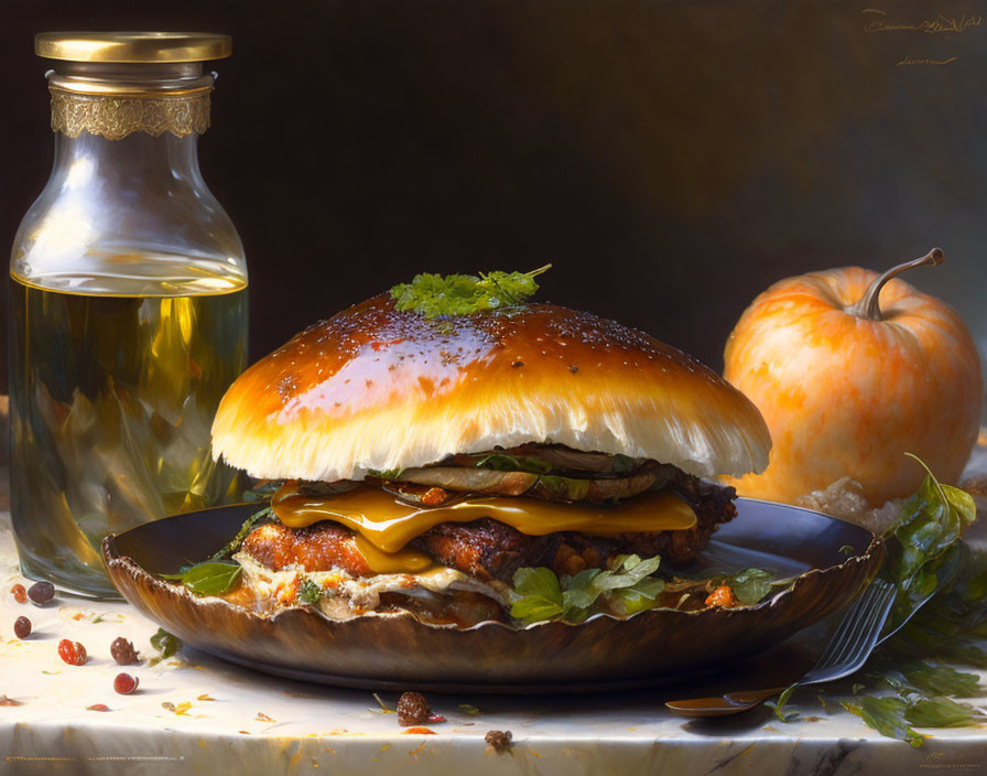 Realistic painting of gourmet cheeseburger, lettuce, spices, beverage bottle, and pumpkin.