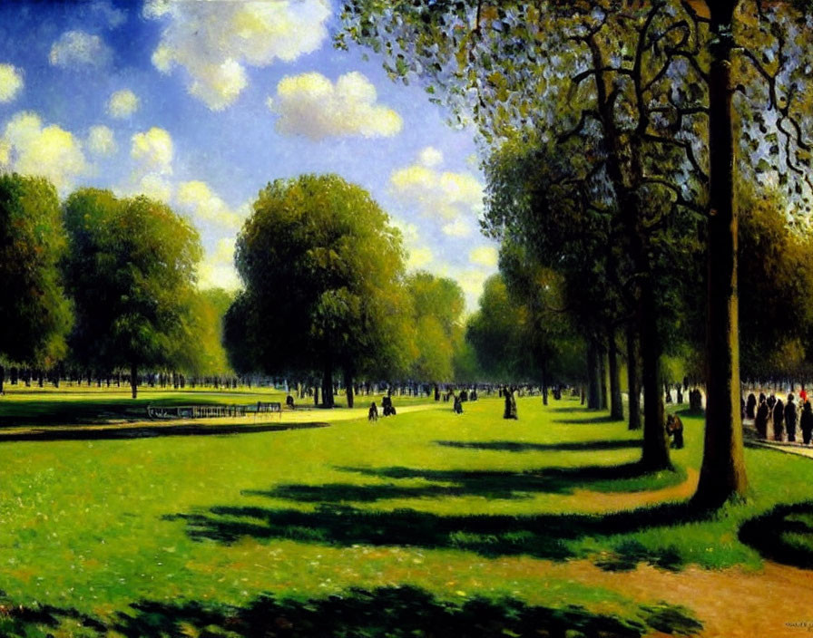 Lush green park with sunlit clearing, people walking and sitting on benches