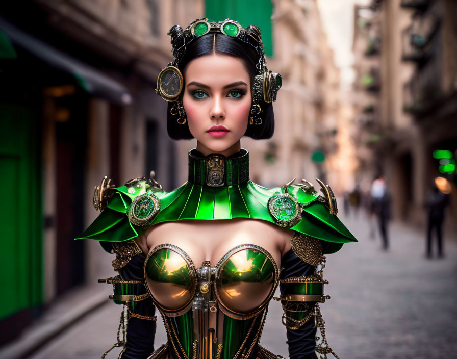 Elaborate Steampunk Costume with Metallic and Green Accents