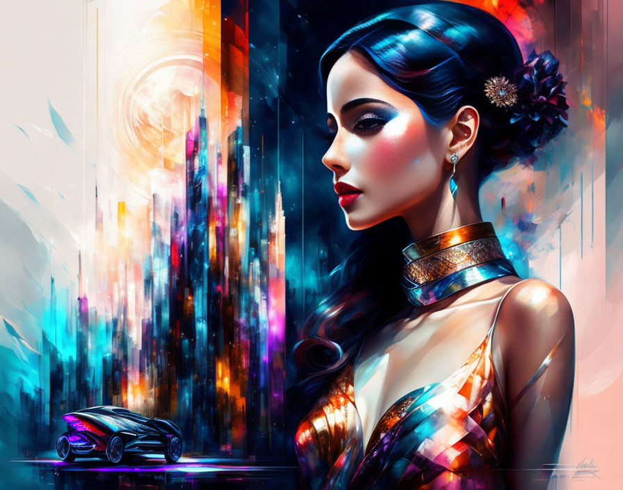 Vibrant digital art portrait of woman with flower in sleek hair and futuristic jewelry.