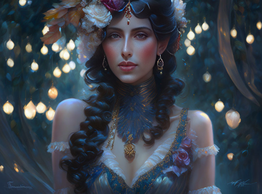 Fantasy woman portrait with dark hair, floral and jewel adornments, in blue and white dress,