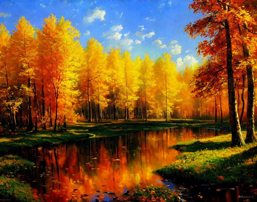 Scenic Autumn Forest with Golden Foliage and River Reflections