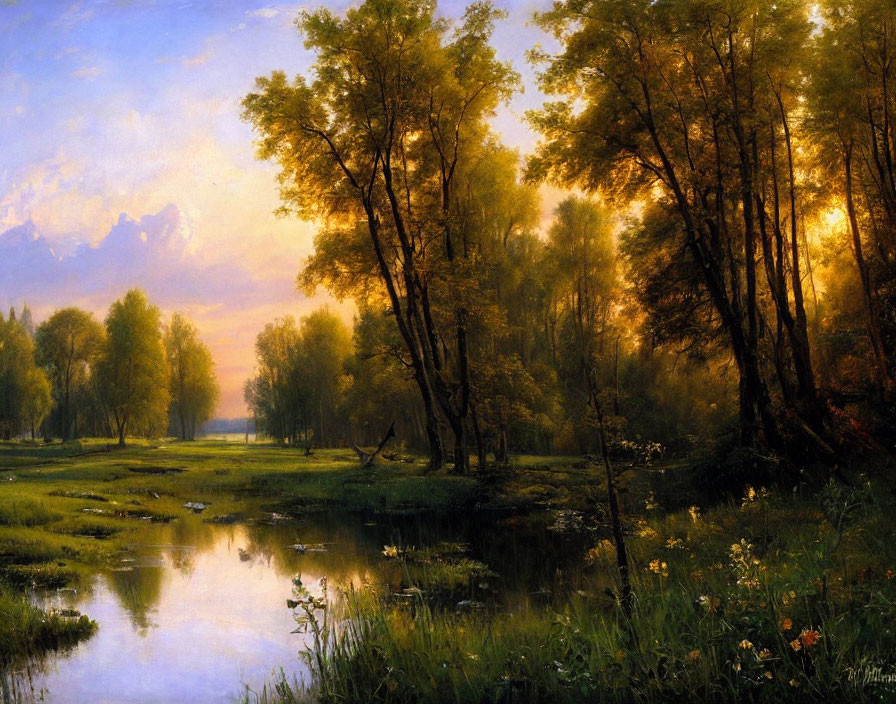 Tranquil landscape painting of a river at sunset