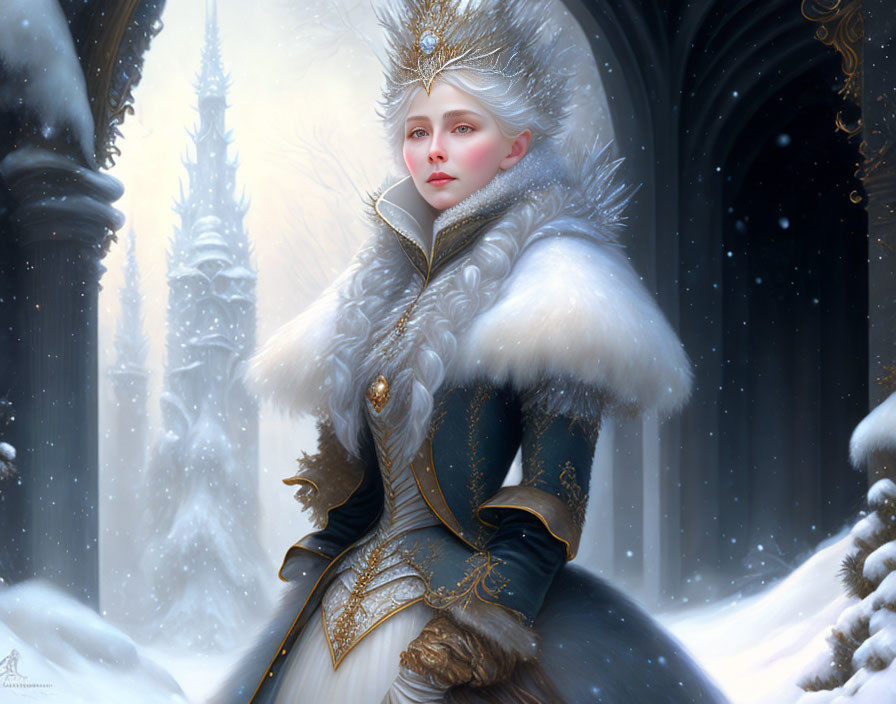 Regal woman in elegant fur-trimmed dress and crown in snowy winter setting