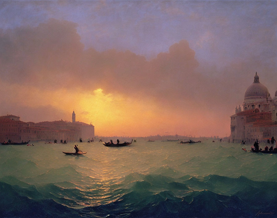 Vibrant sunset painting of Venice with silhouetted gondolas and historic buildings