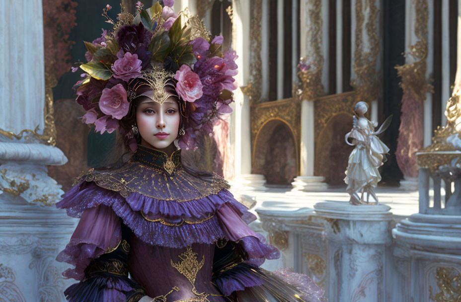 Woman in purple ornate dress with floral headdress by classical architecture.