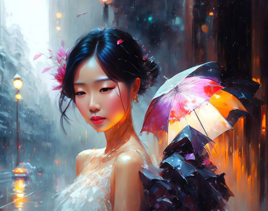 Digital Artwork: Elegant Woman with Flowers and Umbrella on Neon-Lit Street