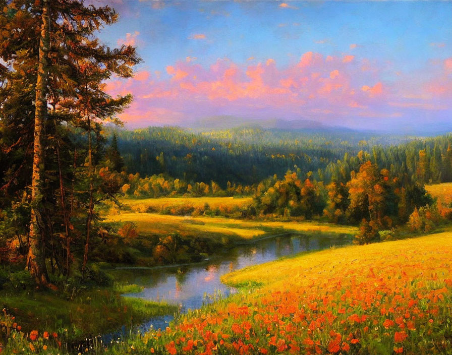 Serene river landscape with orange wildflowers at twilight