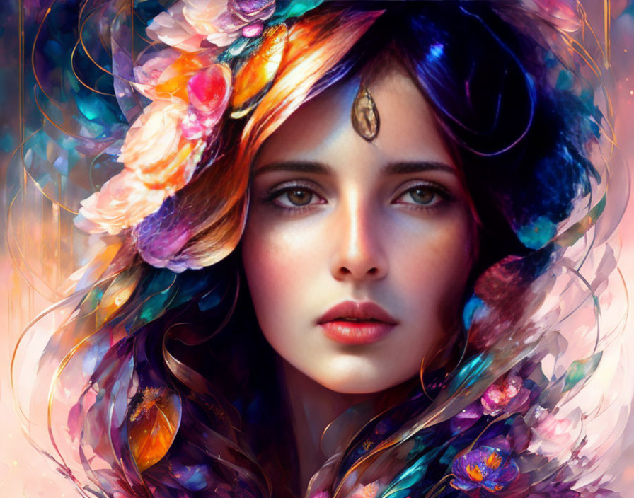 Colorful portrait of a woman with butterfly-themed hair and floral accents