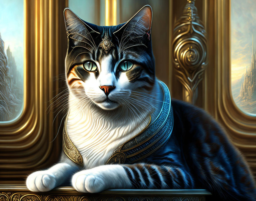 Regal Cat with Blue Eyes and Ornate Jewelry on Gold-Trimmed Ledge