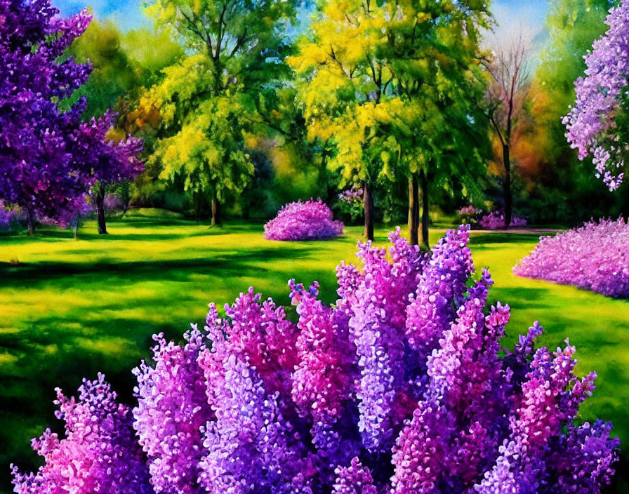 Colorful garden scene with purple and pink blossoms and green trees