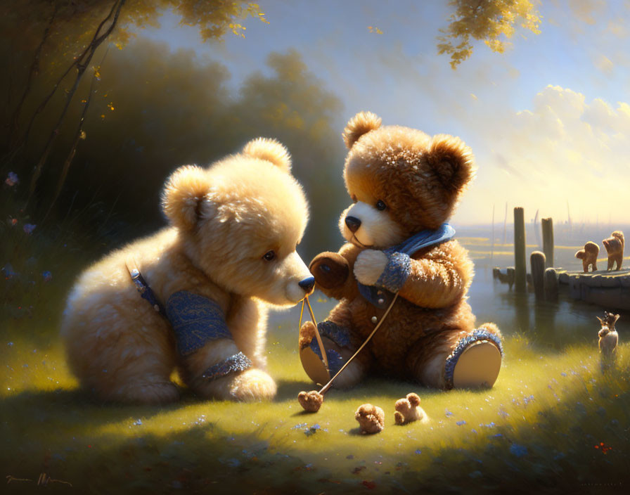 Plush teddy bears with bandaged arm and leg in serene outdoor scene