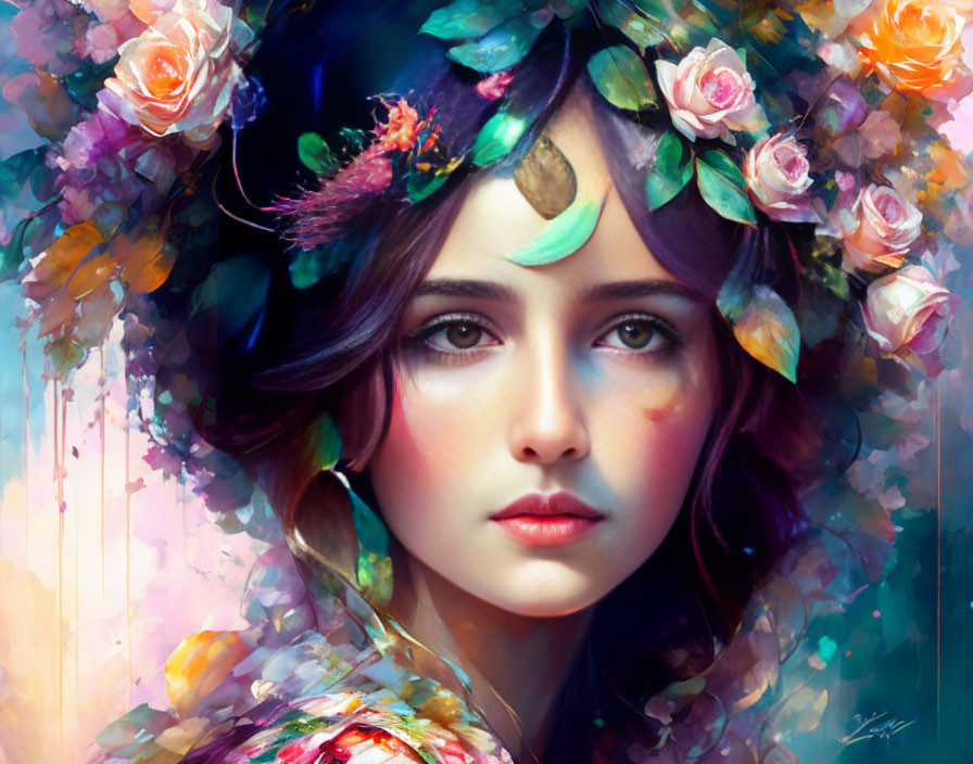 Vibrant digital painting: woman with floral wreath