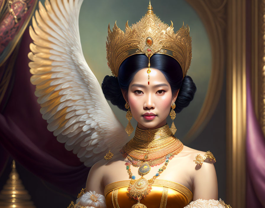 Regal woman with angelic wings in golden attire