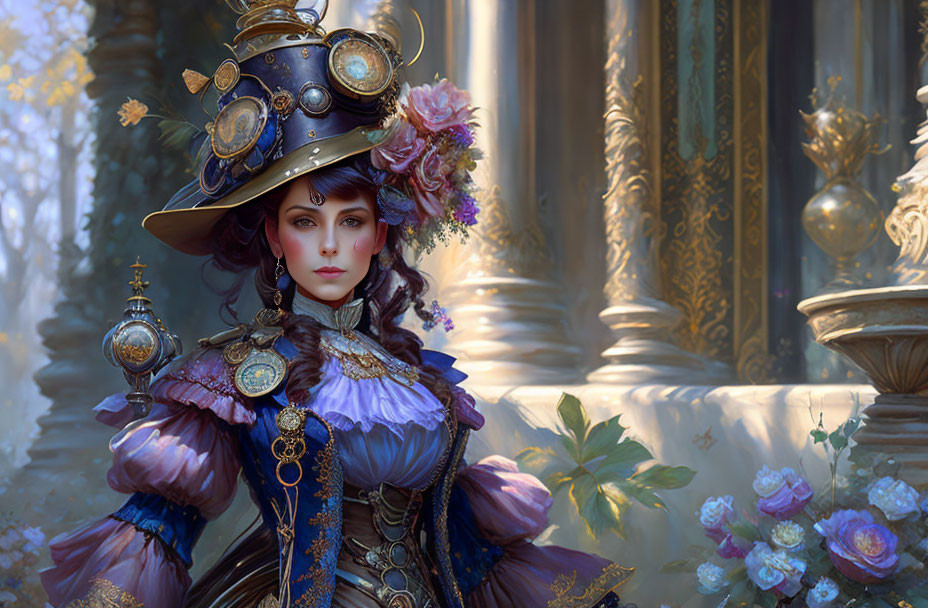 Steampunk-themed woman with decorative hat and gears on floral background