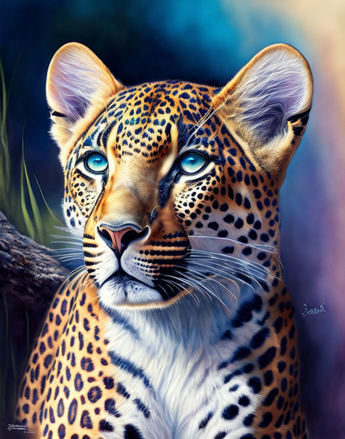 Detailed Leopard Illustration with Blue Eyes and Rosettes on Blue Background