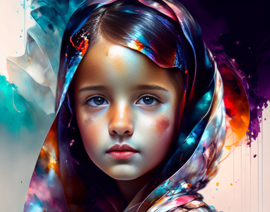 Solemn young girl surrounded by vibrant swirling colors