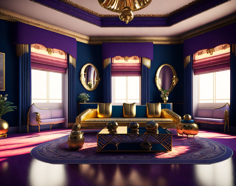 Luxurious Purple and Gold Room with Gilded Sofa and Chandelier