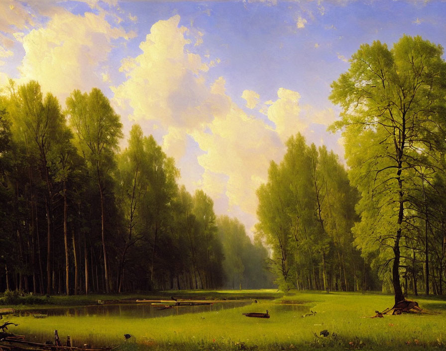 Tranquil landscape with lush forest, calm pond, green grass, and vivid sky