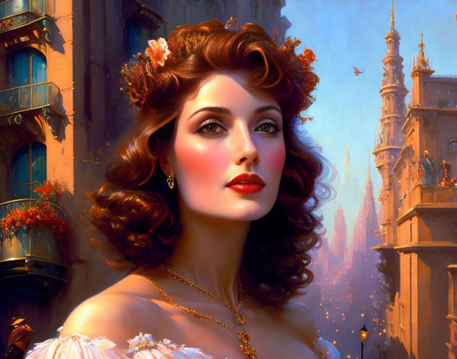 Red-haired woman with floral hair accessories in digital portrait against fantasy cityscape.