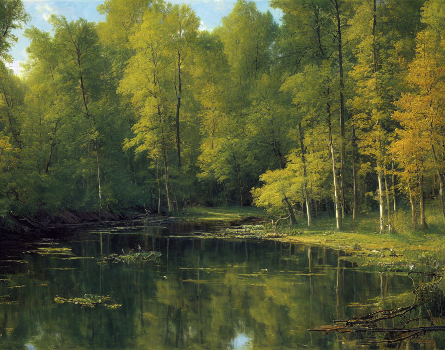 Tranquil forest scene with calm river and green trees