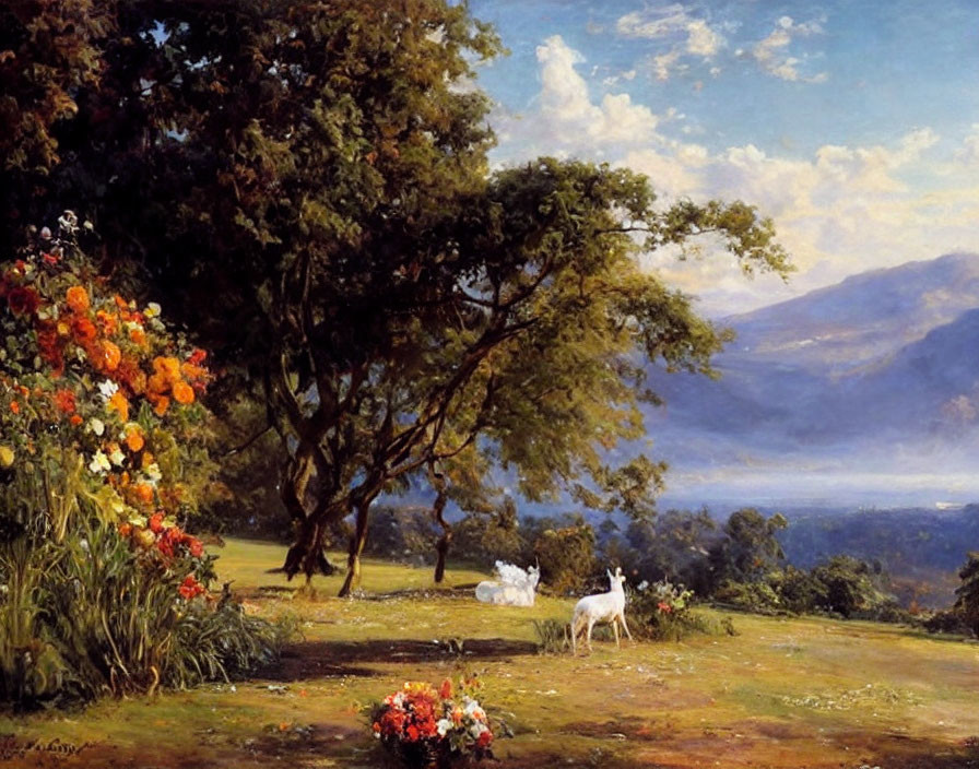 Tranquil landscape painting: two dogs, vibrant flowers, tree, mountain.