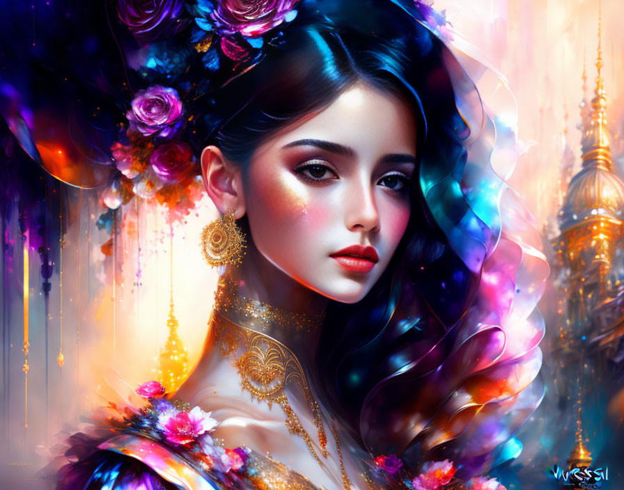 Colorful flowers and ornate jewelry adorn woman in digital art