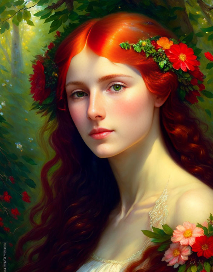 Ethereal portrait of woman with red hair and flowers in soft light