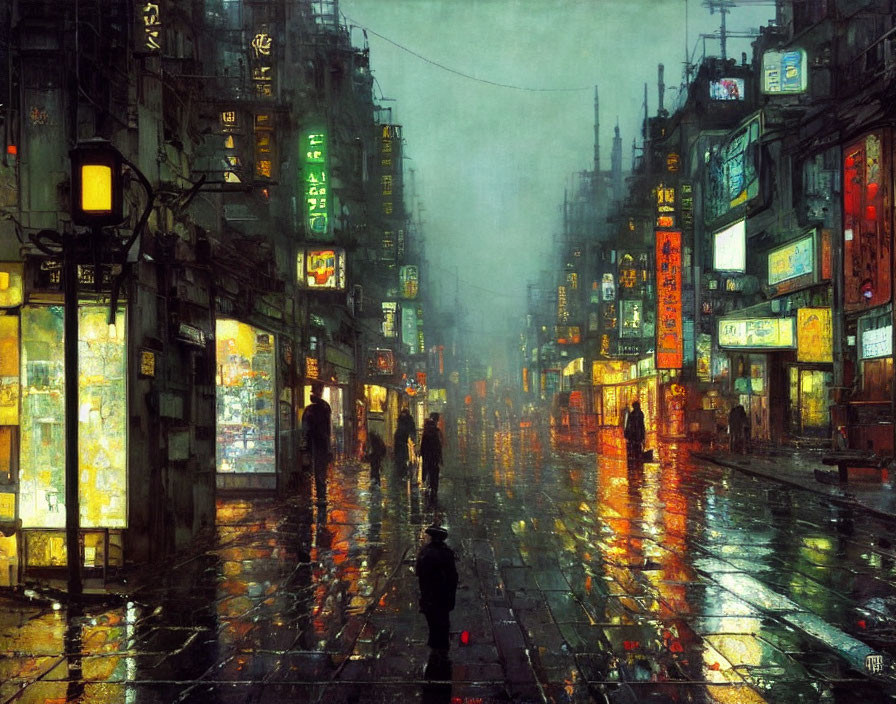 Night scene: Rainy street with neon signs, umbrellas, wet pavement, and urban atmosphere