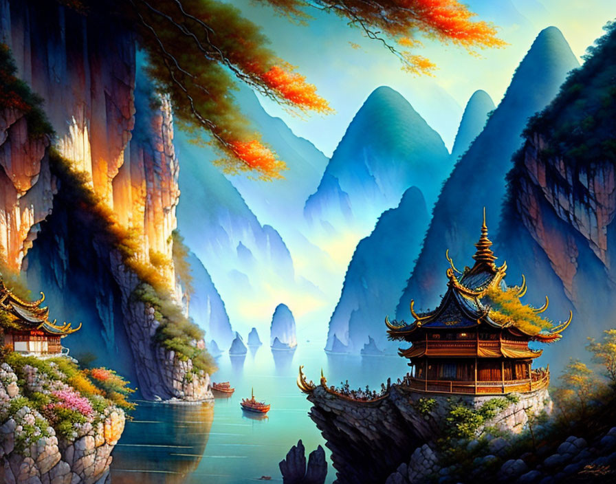 Tranquil Asian-style landscape with misty mountains and serene waters