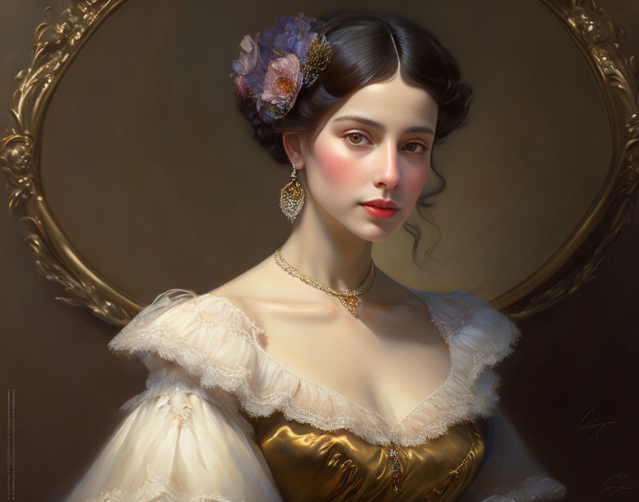 Woman in Gold and Cream Dress with Floral Hair Accessory Portrait