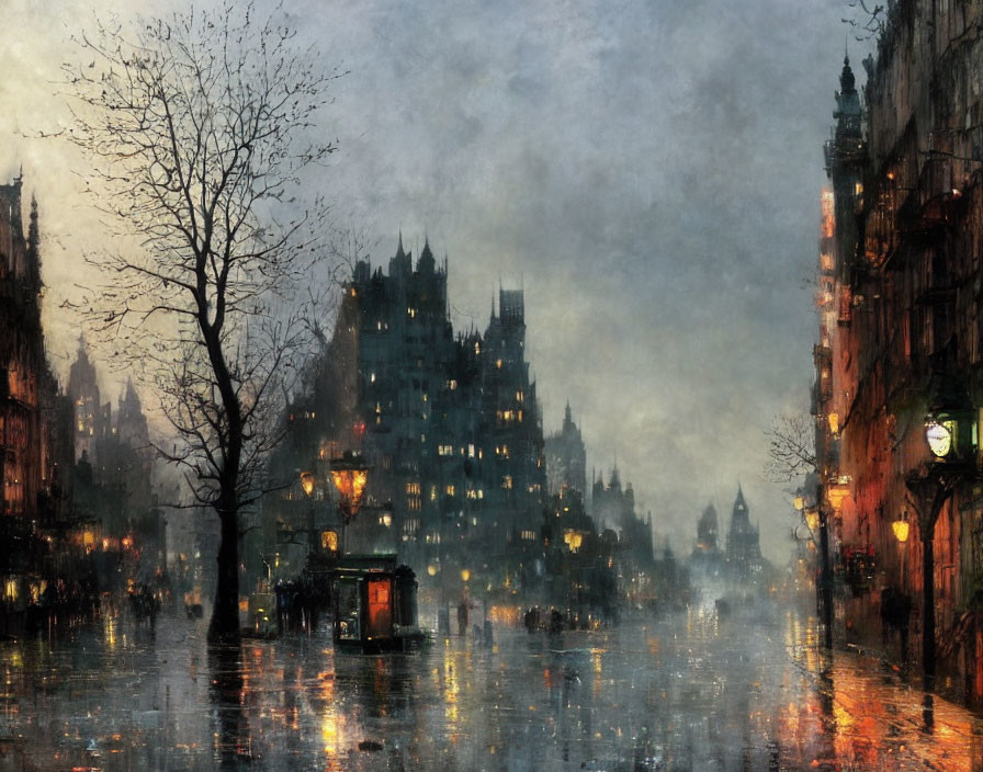 Rainy street scene with vintage lampposts and gothic buildings under hazy sky