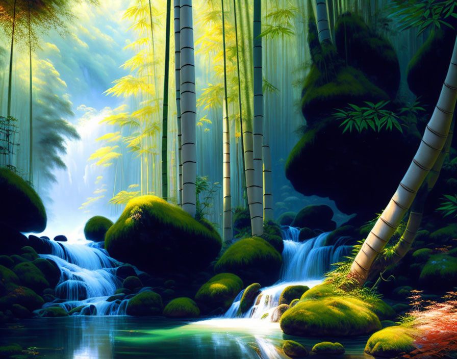 Tranquil digital art: Bamboo forest, waterfall, moss-covered rocks