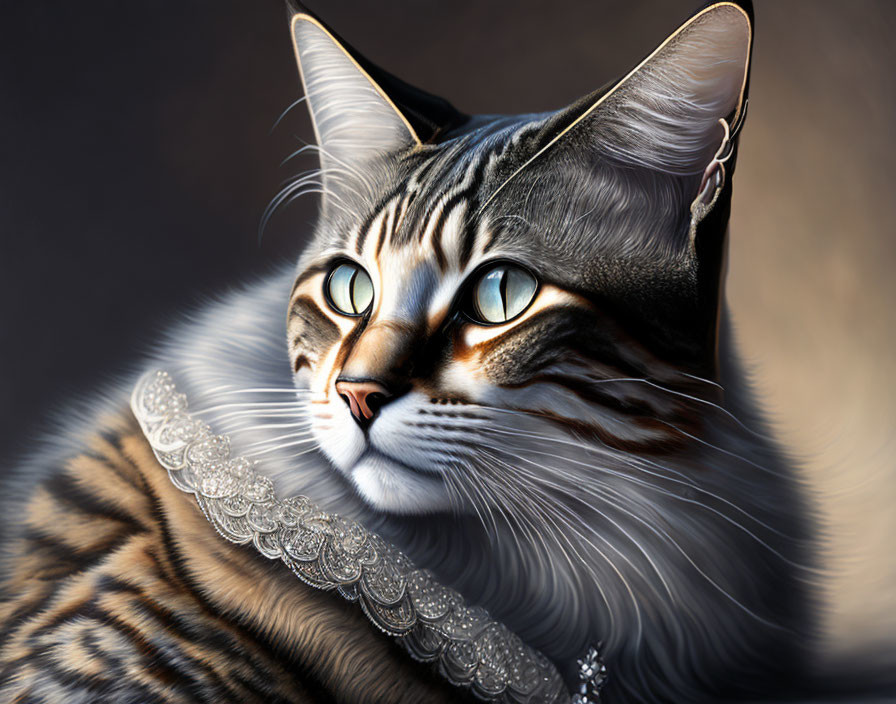 Majestic tabby cat digital art with green eyes and bejeweled collar