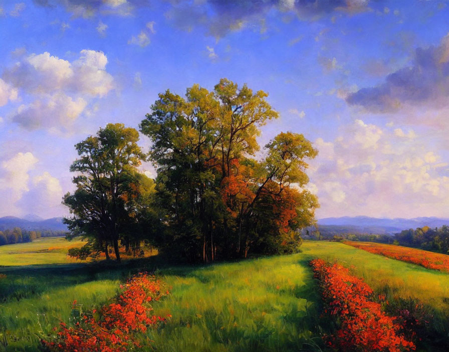 Colorful landscape painting with trees, green and orange leaves, red flowers, and serene sky