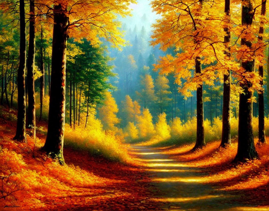 Tranquil Autumn Forest Path with Golden Foliage