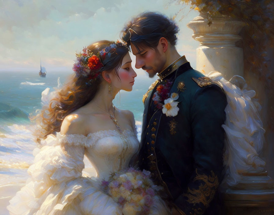 Romantic painting of bride and groom embracing by the sea