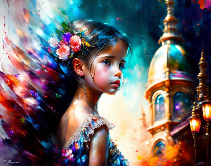 Colorful digital painting of young girl with flowers, set against vibrant backdrop.