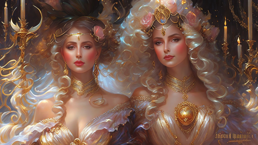 Regal Women in Renaissance Attire with Golden Headdresses