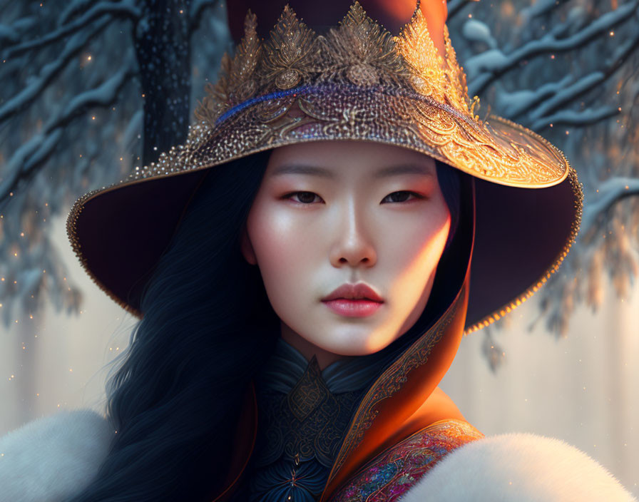 Portrait of Asian woman in golden hat and traditional attire against snowy trees