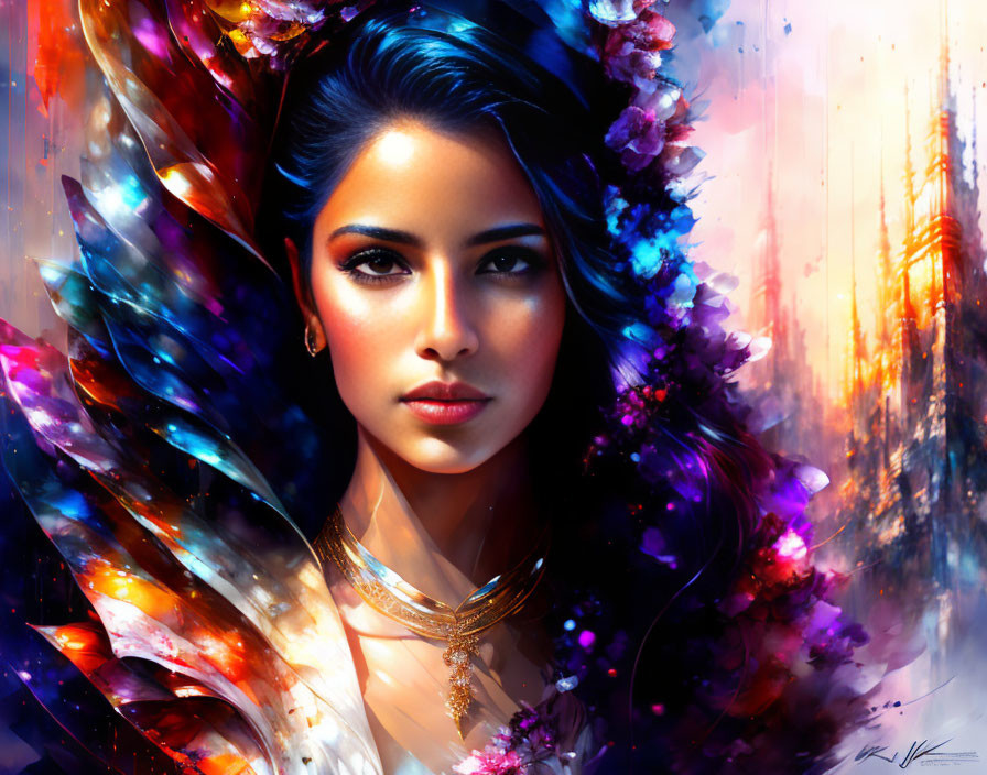 Vibrant digital artwork of woman with abstract butterfly wings.