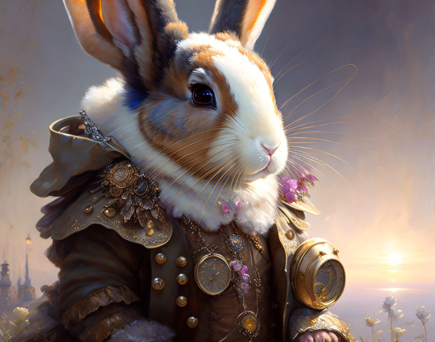 Regal rabbit in renaissance attire with sunset and castle.