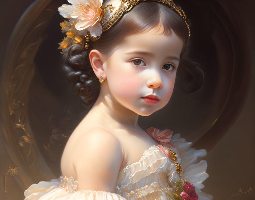 Young girl in vintage cream dress with golden accents and tiara.