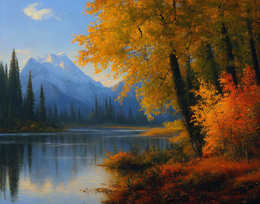 Vibrant autumn landscape with yellow and red trees, lake, mountain, and blue sky