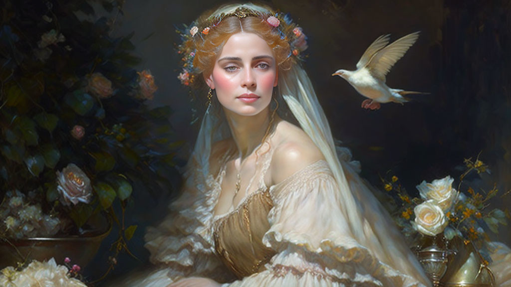 Woman with floral crown and white bird in serene garden