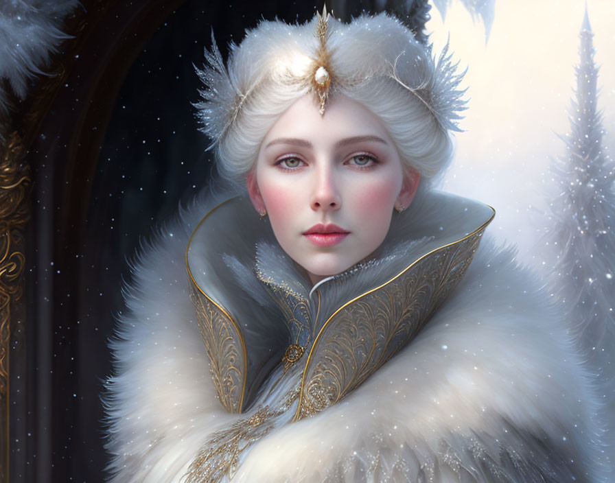 Illustration of woman in white fur cloak and headpiece with serene expression.