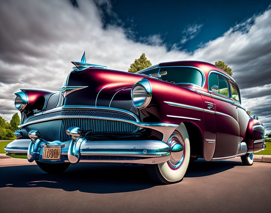 Classic Maroon Car with Chrome Details and Whitewall Tires under Cloudy Sky