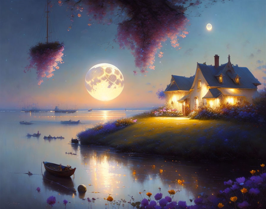 Tranquil fantasy dusk scene with cottage, river, moon, gardens, and boat